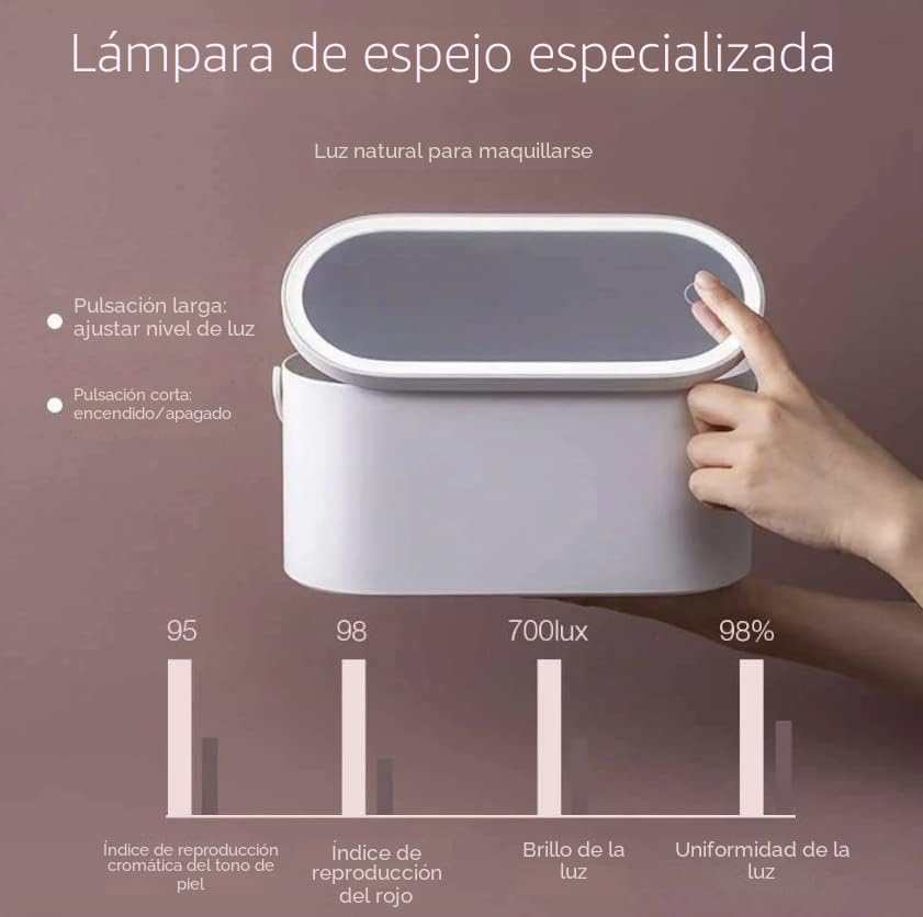 ORGANIZADOR DE MAQUILLAJE PORTÁTIL CON ESPEJO DE TOCADOR LED PARA CASA Y VIAJES